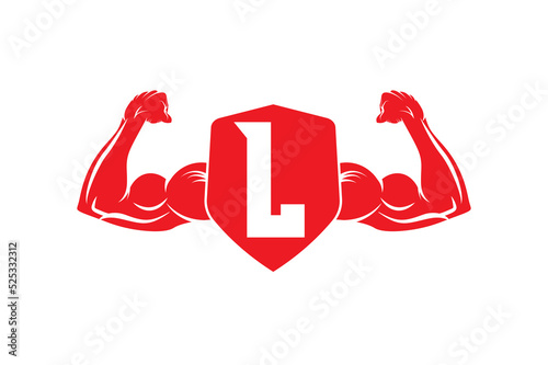 Letter L logo icon design template elements, with bicep flex and shield.