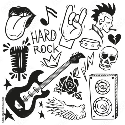 Rock and roll in doodle style. Hard rock paraphernalia. Vector set.