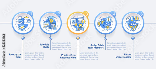 Crisis management team circle infographic template. Teamwork. Data visualization with 5 steps. Editable timeline info chart. Workflow layout with line icons. Lato-Bold, Regular fonts used