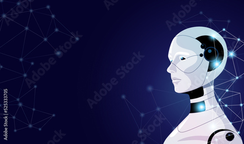 Cyborg face, female robot, Humanoid head. Banner of futuristic android with artificial intelligence. Revolution mind technologies of bionic science. Future evolution of humanity. Vector Illustration