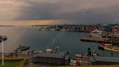 Timelapse Oslo Harbor at the Aker Brygge and Oslo Fjord from Akershus Fortress