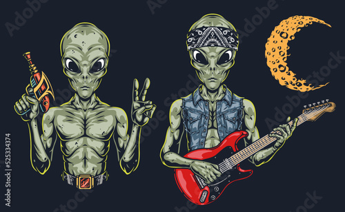 Green aliens vintage sticker colorful