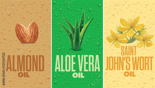 Almond, Aloe vera, St. John's Wort oil labels with many oil drops	
