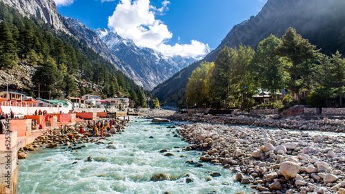 Holy Gangotri Dham or Gangotri town by the side of Bhagirathi river, the origin of the River Ganges and seat of the goddess Ganga photo