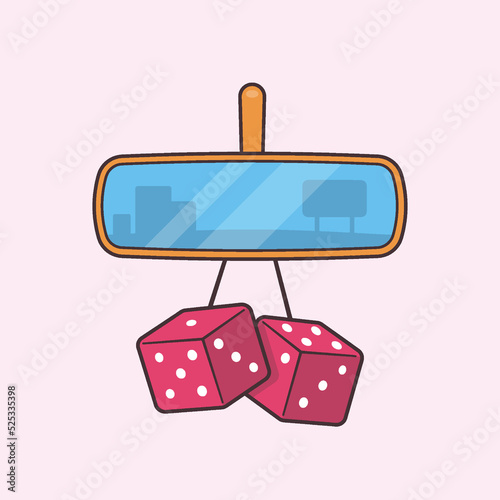 Rear view mirror dice retro luck concept vector cartoon illustration