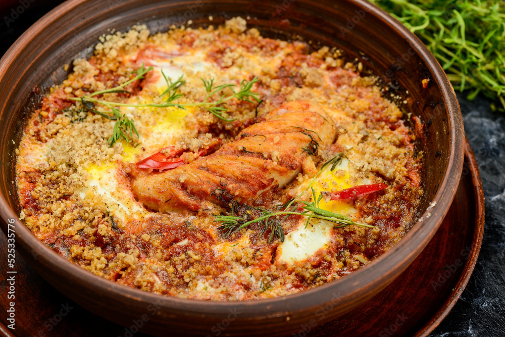 baked chicken with vegetables, greens and an egg in a ceramic pan, macro photo
