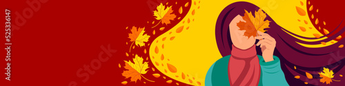 Autumn vector banner for website header. Girl with a yellow leaf. Banner in warm colors with empty space for your