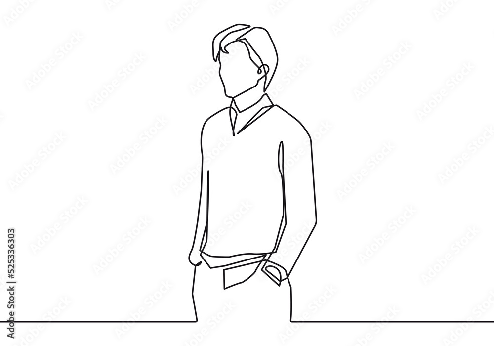 Continuous One Line Drawing Elegant Man Standing. Cute Man One Line Hand Draw Simple Graphic Design Vector Illustration