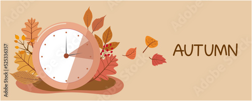 Autumn concept graphic. Fall back concept background decoration with clock and fallen leaves. Vector illustration.