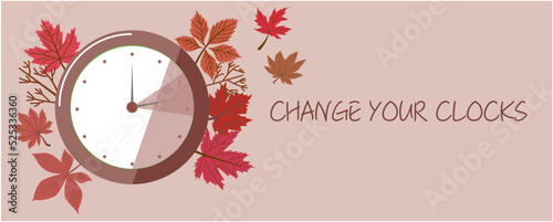 Autumn concept graphic. Fall back concept background decoration with clock and fallen leaves. Vector illustration.