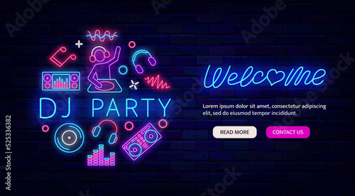 DJ party neon flyer promotion. Website landing page template. Glowing greeting card. Vector stock illustration