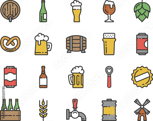 Craft beer line icons. Set of vector colorful stroke icons with beer mugs, bottles, barrels, cans, hops, glasses, ingredients and accessories