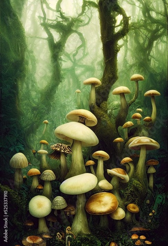 Photo Ancient fairy forest with spooky old knotted trees and mysterious lingering fog - various mushrooms and toadstools grow abundantly in these sacred magical woods
