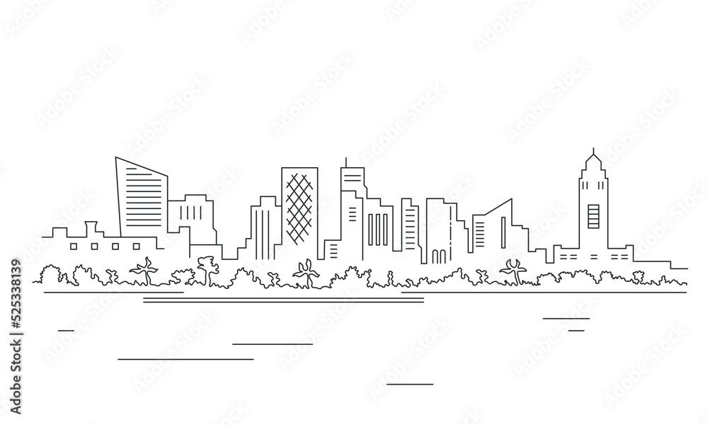 Lusail Marina panorama. Arabic skyscraper city. Welcome to Qatar  silhouette. Urban landscape sketch. Vector illustration