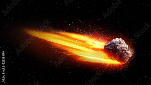 Burning asteroid in space, isolated on black background. Digital Art Illustration Painting Hyper Realistic.