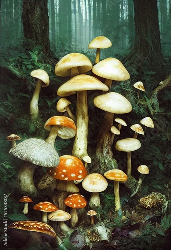 Ancient fairy forest with spooky old knotted trees and mysterious lingering fog - various mushrooms and toadstools grow abundantly in these sacred magical woods. 