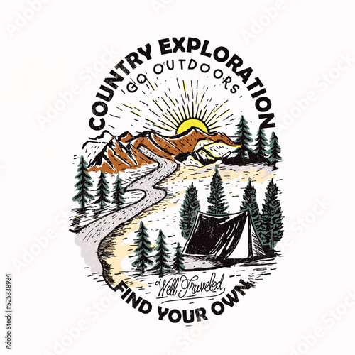 Vintage Hand Drawn Go outdoors, mountain camp, Explore wilderness t shirt vector design. Campfire vintage artwork for apparel, sticker, batch, background, poster and others.