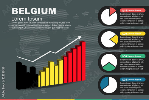 Belgium infographic with 3D bar and pie chart, increasing values, flag on 3D bar graph