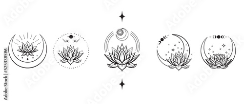 Crescent moons lotus flower with moon phases. Line emblem