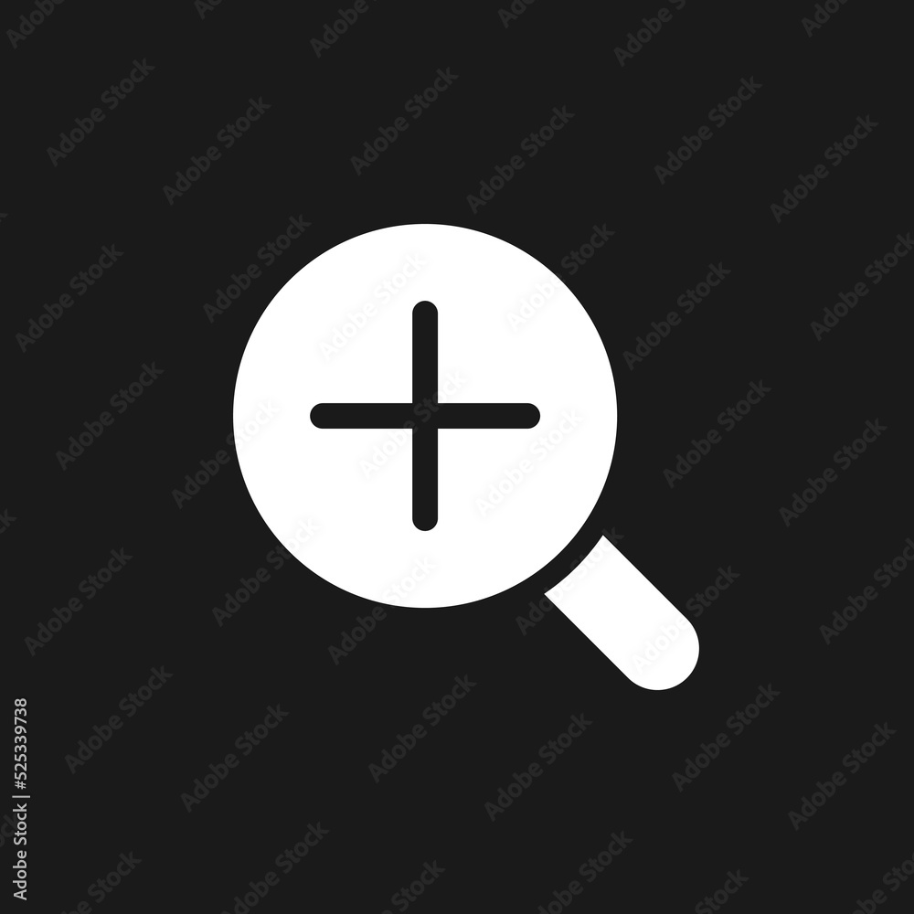Magnifier and plus dark mode glyph ui icon. Simple filled line element. User interface design. White silhouette symbol on black space. Solid pictogram for web, mobile. Vector isolated illustration Magnifier and plus dark mode glyph ui icon. Simple filled line element. User interface design. White silhouette symbol on black space. Solid pictogram for web, mobile. Vector isolated illustration