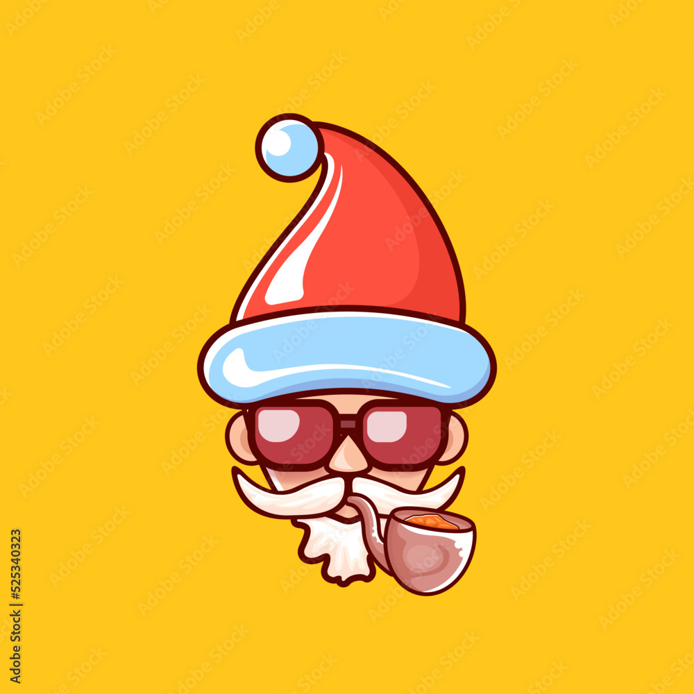 Santa Claus head with Santa red hat, smoking pipe and red hipster sunglasses isolated on orange Christmas background. Santa label or sticker design Santa Claus head with Santa red hat, smoking pipe and red hipster sunglasses isolated on orange Christmas background. Santa label or sticker design
