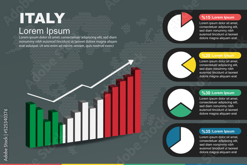 Italy infographic with 3D bar and pie chart, increasing values, flag on 3D bar graph