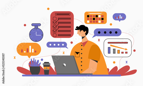 Man do multitasking at job. Boy do multitasking at work. Work hard concept flat ilustration character.