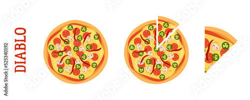 A set of illustrations of diablo pizza. A top view of a whole, cut and a slice of pizza