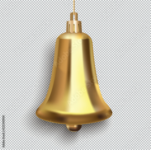 Gold Bell Toy Christmas on transparent background with shadow. Vector illustration