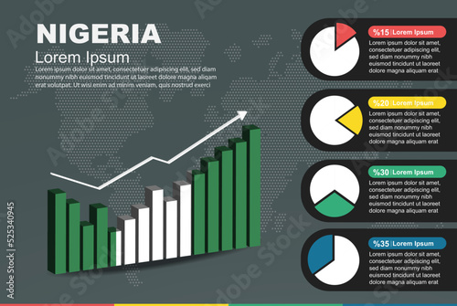 Niger infographic with 3D bar and pie chart, increasing values, flag on 3D bar graph