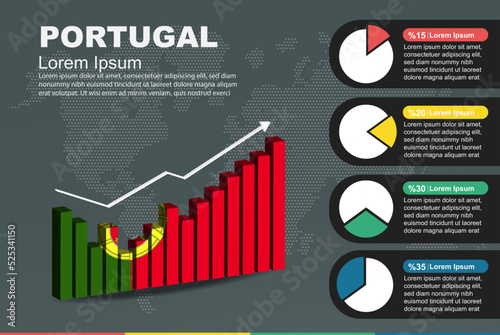 Portugal infographic with 3D bar and pie chart, increasing values, flag on 3D bar graph