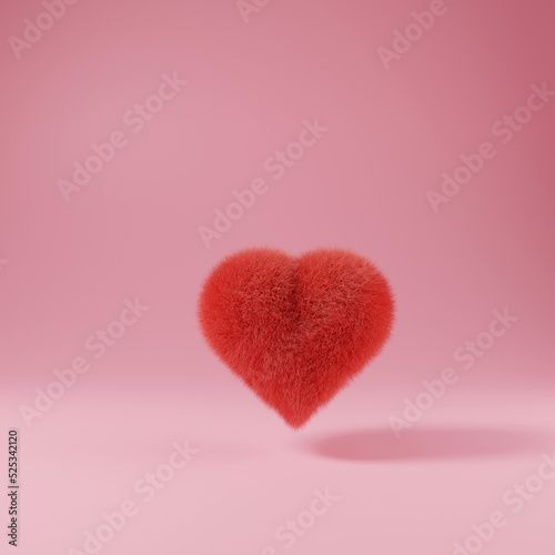3D Render. Red Furry Heart on pink background. valentines day concept