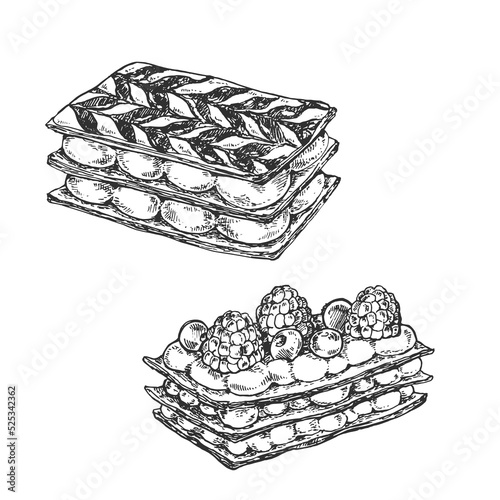 Hand drawn vector french fresh mille feuille illustration