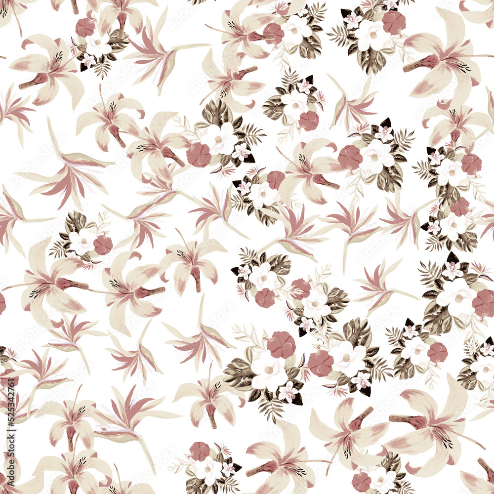 Old Seamless Nature. Gray Pattern Foliage. Brown Flower Exotic. Tropical Botanical. Watercolor Leaf. Summer Art. Decoration Hibiscus. Spring Background.