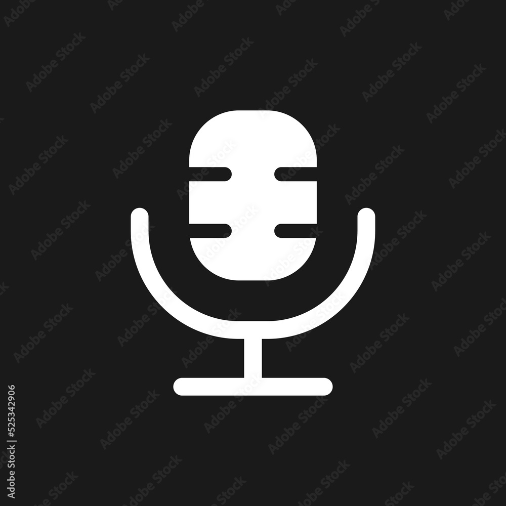 Microphone dark mode glyph ui icon. Voice over. Simple filled line element. User interface design. White silhouette symbol on black space. Solid pictogram for web, mobile. Vector isolated illustration Microphone dark mode glyph ui icon. Voice over. Simple filled line element. User interface design. White silhouette symbol on black space. Solid pictogram for web, mobile. Vector isolated illustration