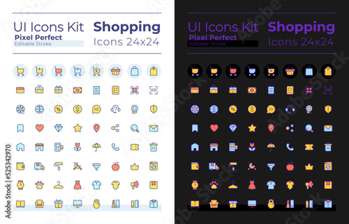 Shopping pixel perfect RGB color ui icons set for dark, light mode. Digital commerce. GUI, UX design for mobile app. Vector isolated pictograms. Editable stroke. Montserrat Bold, Light fonts used
