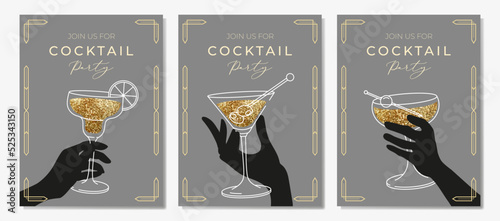 Outline illustration of woman's hand holding cocktail glass, vector. Invitation for party template. Line art margarita cocktail. Art deco concept design. Event, party, presentation, promotion, menu.
