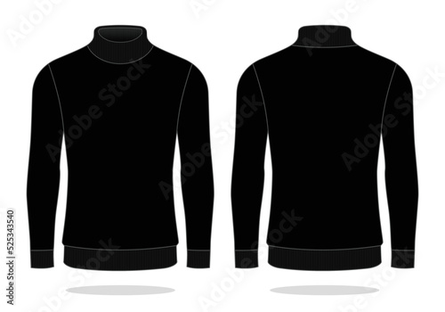 Men's Blank Black Turtle Neck Long Sleeve T-Shirt Template On White Background.Front and Back View, Vector File