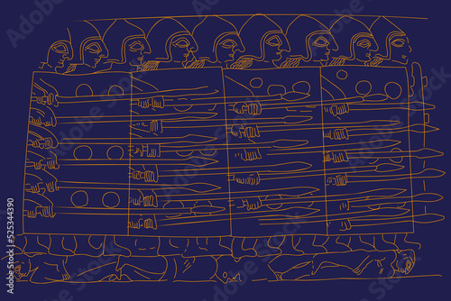 Babylonian armored infantry crushes the enemy. A pattern work from the ancient Babylonian period. Hand drawn ancient soldiers vector background. Soldiers with spear and shield pattern design.