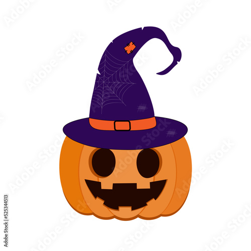 Pumpkin in purple witch hat. Orange pumpkin with a smile for your Hjlluin design.A vector illustration