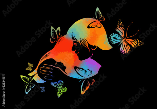 Abstract mother with a child . Colorful Mother s Day card. Woman hugging her baby. Happy motherhood concept. Modern vector illustration