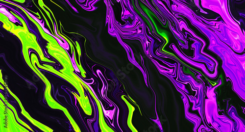 Bright fluid violet, black, neon green background. Abstract liquid purple pink wave. Glitch Art trippy digital screen. Celebration Backdrop. Royal banner. Template. Luxury texture. Creative flyer