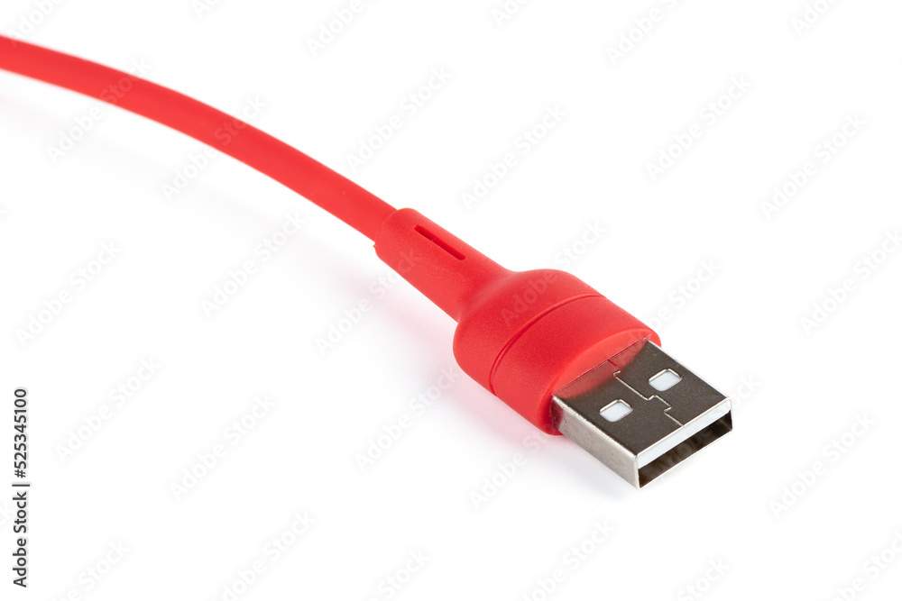 Close-up of a red USB cable on a white background.