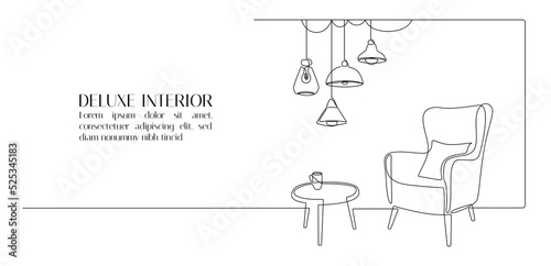 One continuous line drawing of armchair and hanging lamp. Modern loft furniture for living room interior in simple linear style. Editable stroke. Doodle Vector illustration