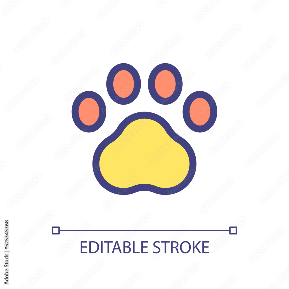 Pet paw pixel perfect RGB color ui icon. Goods for domestic animals. Simple filled line element. GUI, UX design for mobile app. Vector isolated pictogram. Editable stroke. Arial font used Pet paw pixel perfect RGB color ui icon. Goods for domestic animals. Simple filled line element. GUI, UX design for mobile app. Vector isolated pictogram. Editable stroke. Arial font used