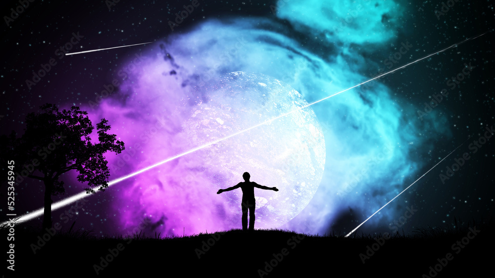 A man on a hill with a tree at night admires the starry sky with a planet in a beautiful pink-blue nebula and falling meteors. The concept of the beauty of nature and the universe.