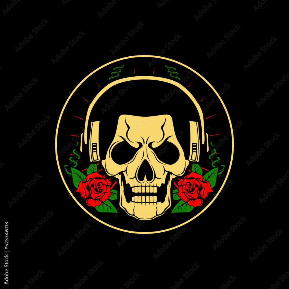 Skull wearing headphone illustration with rose flower background Skull wearing headphone illustration with rose flower background