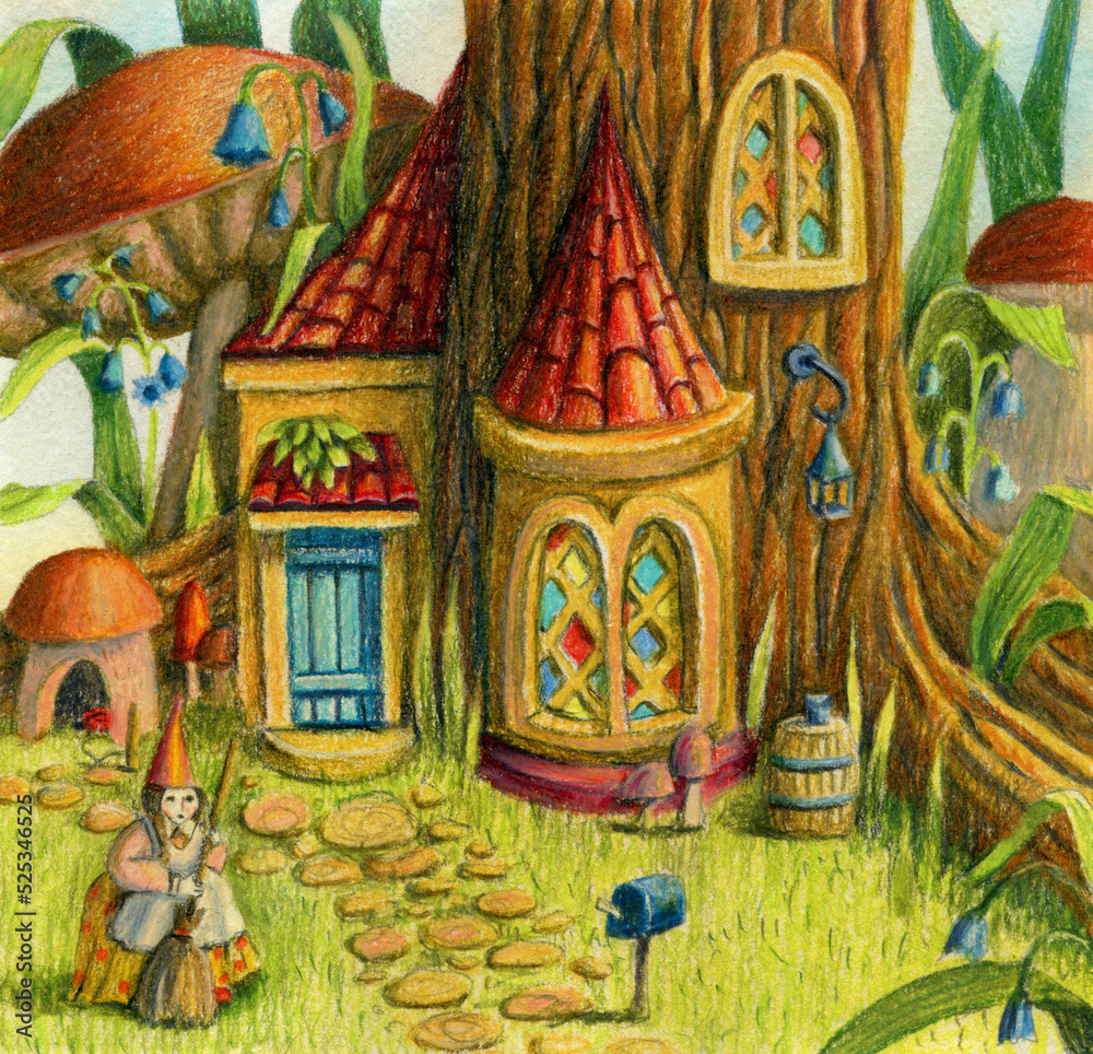 Hand drawn illustration. Cute Gnome house with tree, grass, windows, door, leaves and flowers.