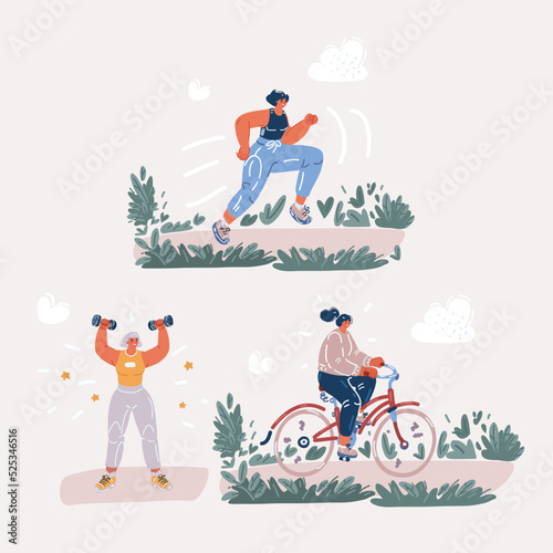 Vector illustration of woman runner sporty women in sportswear with dumbbells and running and ride bike. Sport and recreation concept