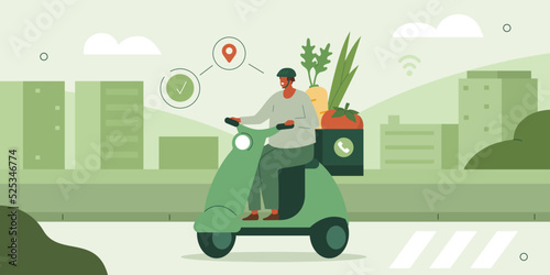 Delivery man riding on scooter delivering fresh organic vegetables. Grocery food delivery service and logistic concept. Vector illustration.